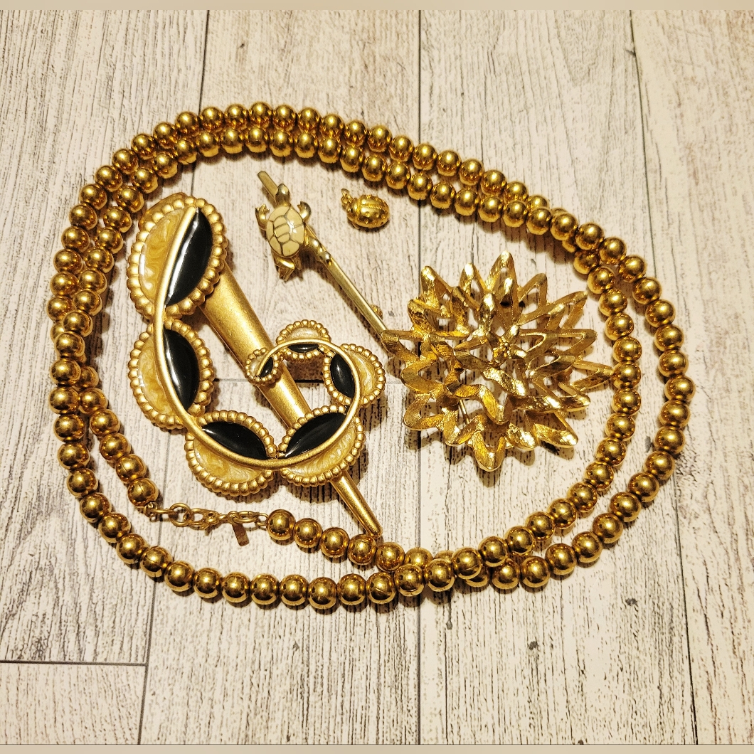Lot Of Monet Signed Gold Tone Jewelry Brooches, Charm, Beaded Necklace